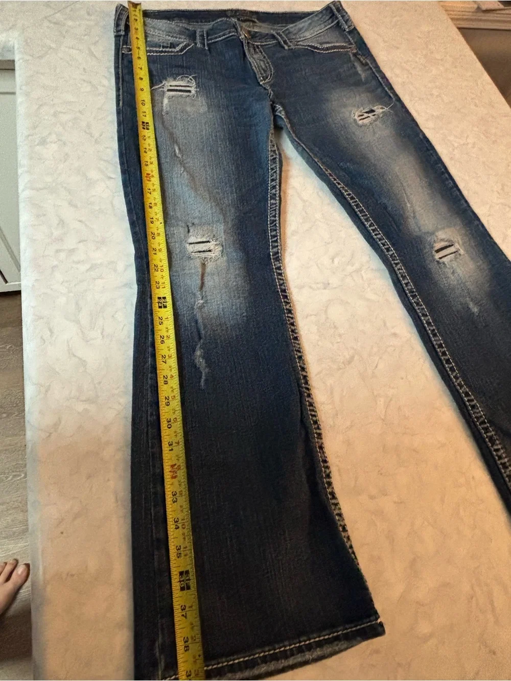 Silver Jeans Co Pioneer Men 34x31 Distressed Bootcut Thick Stitch Blue Denim Y2K